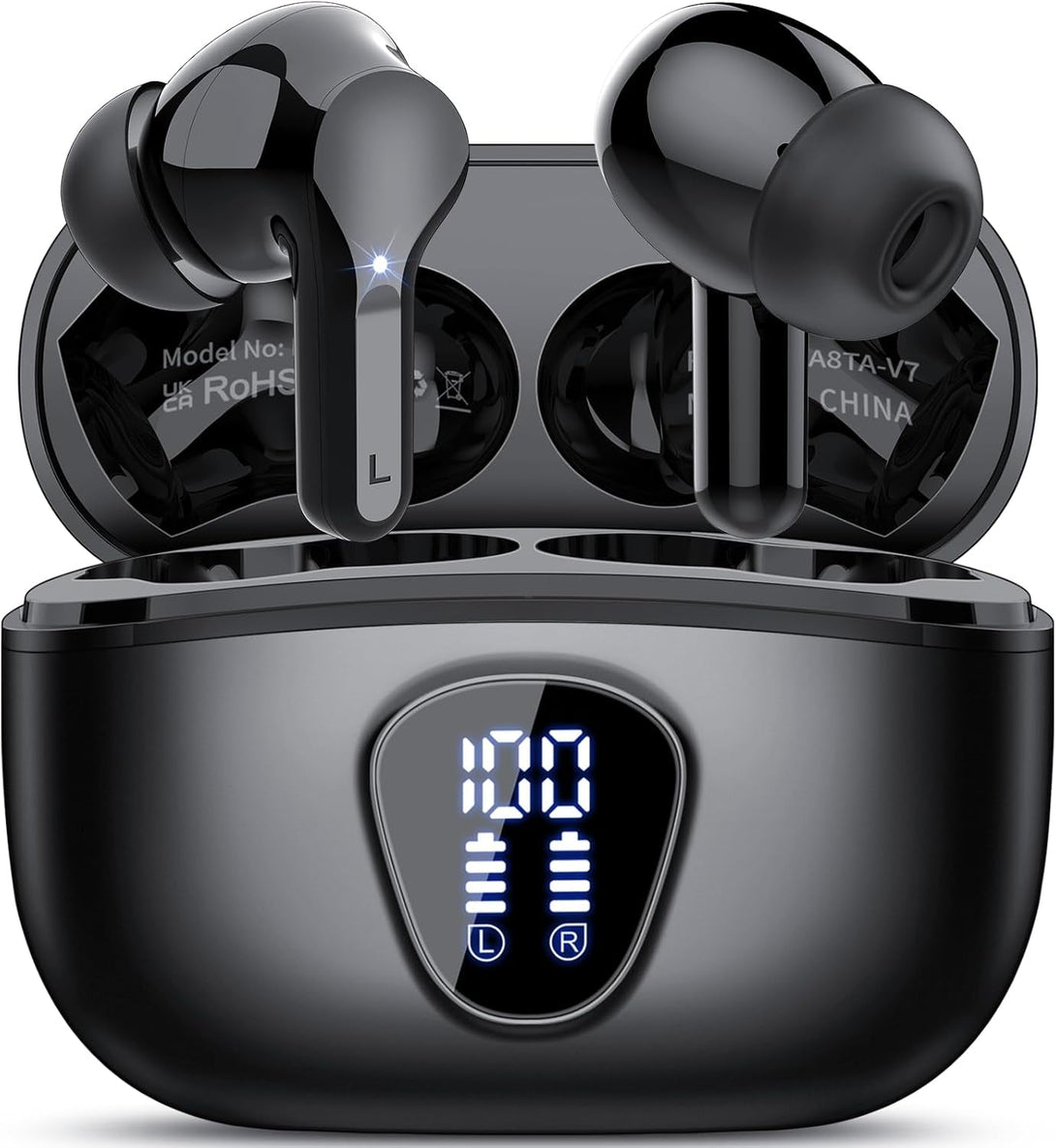 Wireless Earbuds, Bluetooth 5.4 Headphones Hifi Stereo, Bluetooth Earbuds with ENC Noise Cancelling Mic, IP7 Waterproof in Ear Earphones, 48H, LED Display Ear Buds for Pad Workout Sports, Black