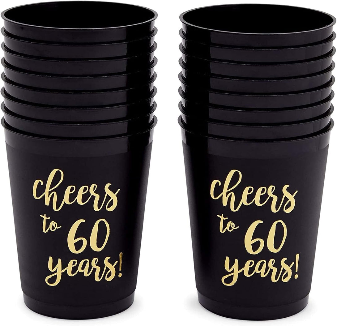 16 Pack Cheers to 60 Years Plastic Party Cups - 60Th Birthday Decorations for Men and Women, Anniversaries (Black, 16 Oz)
