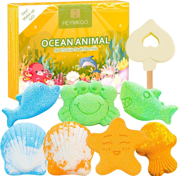 HEYMKGO Bath Bombs for Women and Kids, 8PCS Handmade Natural Boys Girls Fizzy Bubble Bath Bomb Gift Kit for Birthday Christmas Cute Women Relaxing Bath Bombs Set