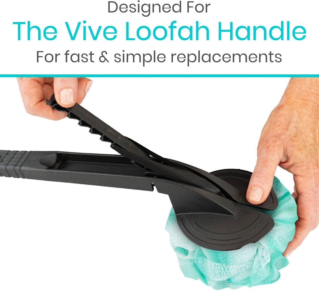 Vive Loofah Sponge Replacement (4 Pk) Shower & Bath Pouf Scrubber for Back & Body Exfoliation, Works with Vive Interchangeable Loofa Handle Long Brush (Replacement Sponge Black and Blue (4 Pack), 4)