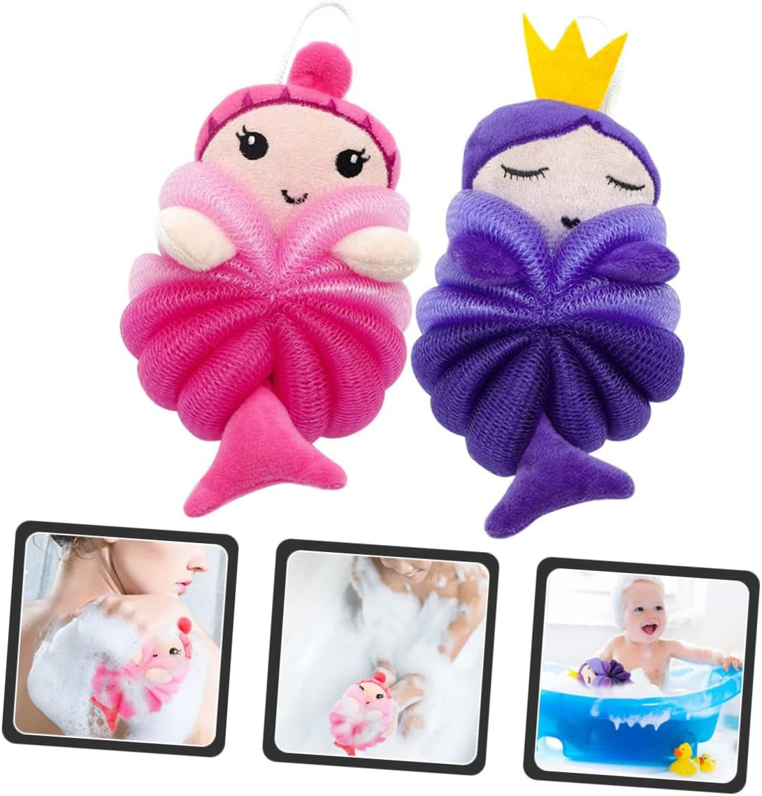 2Pcs Bath Ball Shower Pouf Sponge Luffa Baby Bath Brush Mermaid Baby Shower Games Pouf Wash Bath Sponges Shower Ball Body Scrubber Shower Loofah Cute or Cleaning Supplies Child