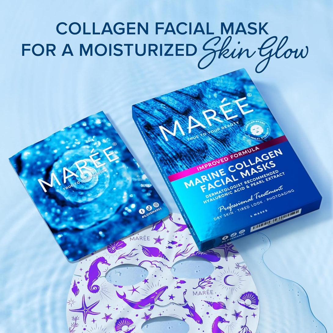 MAREE Collagen Facial Mask with Hyaluronic Acid - Sheet Face Masks Skincare with Green & Red Algae Extract - Hydrating Mascarillas Faciales for Women Skin Care - 6 Count
