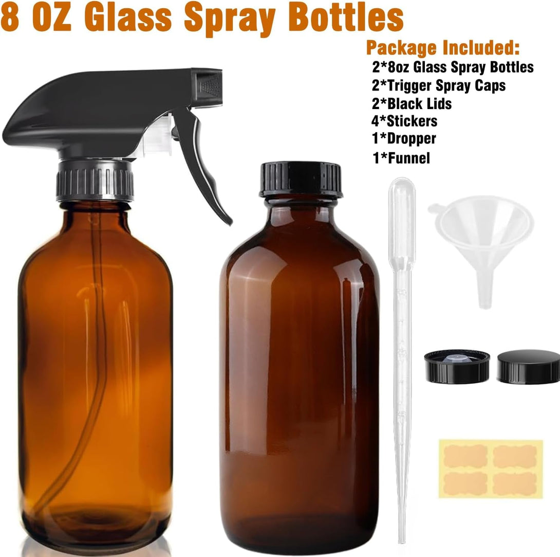 8Oz Amber Glass Spray Bottles - 2 Pack Empty Refillable Bottles for Cleaning, Hair Care, Essential Oils, Plants - Includes Durable Nozzle, Labels, Funnel & Dropper, Handheld Size