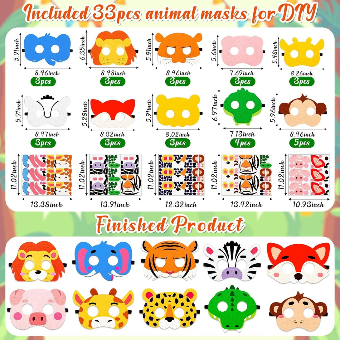 33PCS Jungle Safari Crafts - Felt Animal DIY Arts Kit, Birthday Party Favors Activities Supplies in Bulk