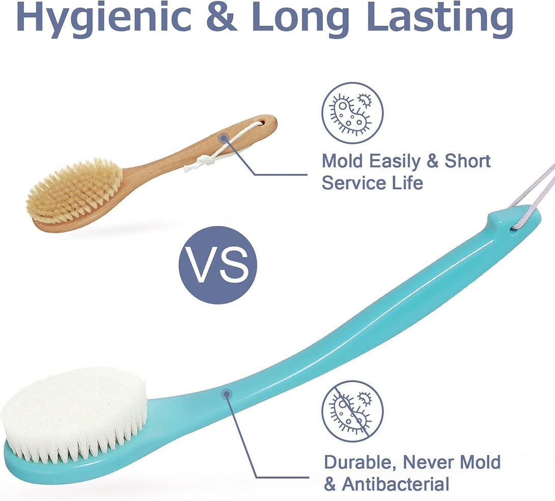 VANZAVANZU Exfoliating Shower Brush Back Scrubbers for Use in Shower, Plastic Bath Brush Long Handle for Shower with Moderate Bristles, Dry or Wet Back Brush for Shower Men Women-Green