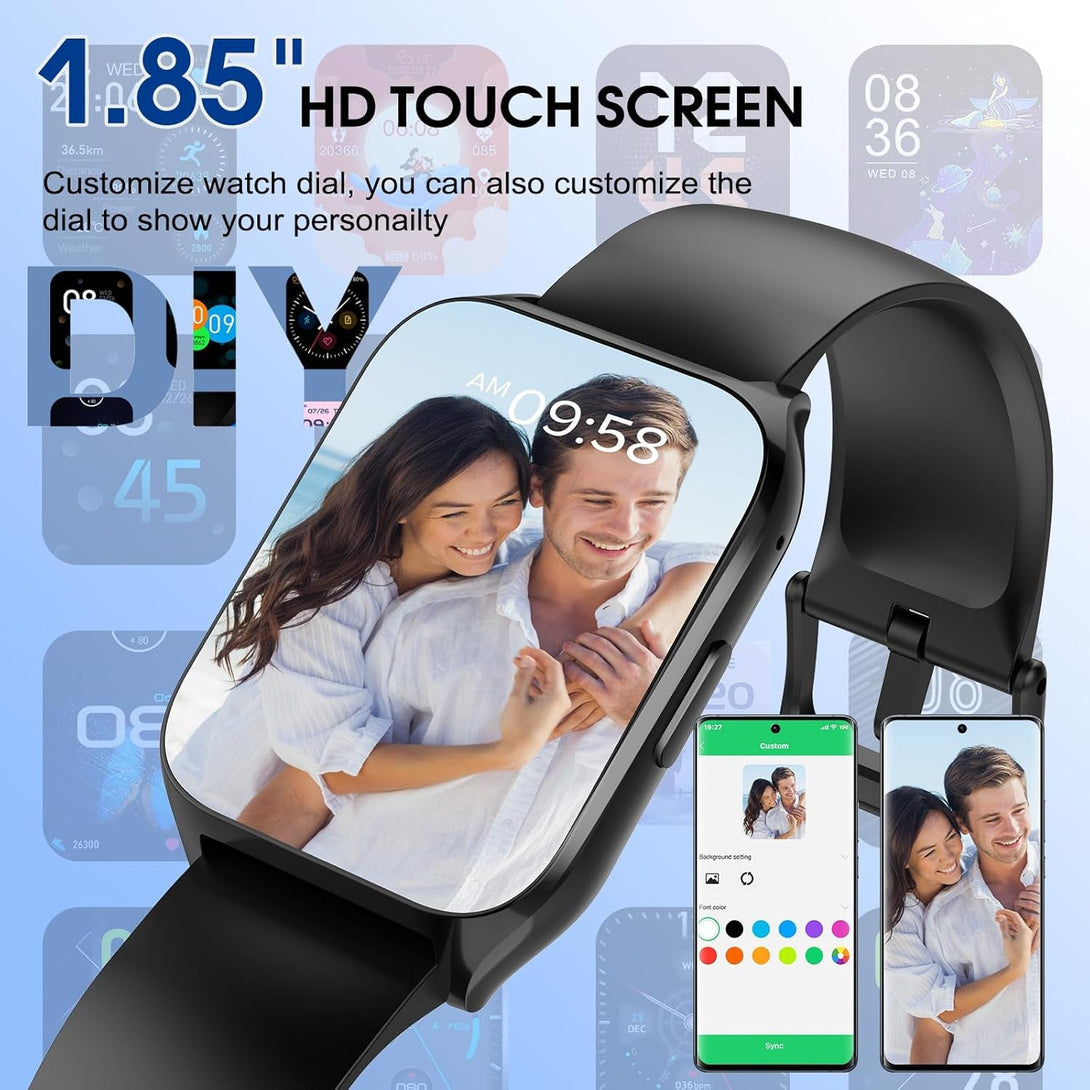 Smart Watch for Men Women(Answer/Make Calls), 1.85" HD Touch Screen Fitness Watch with Sleep Heart Rate Monitor, 112 Sports Modes, IP68 Waterproof Activity Trackers Compatible with Android Ios, Black