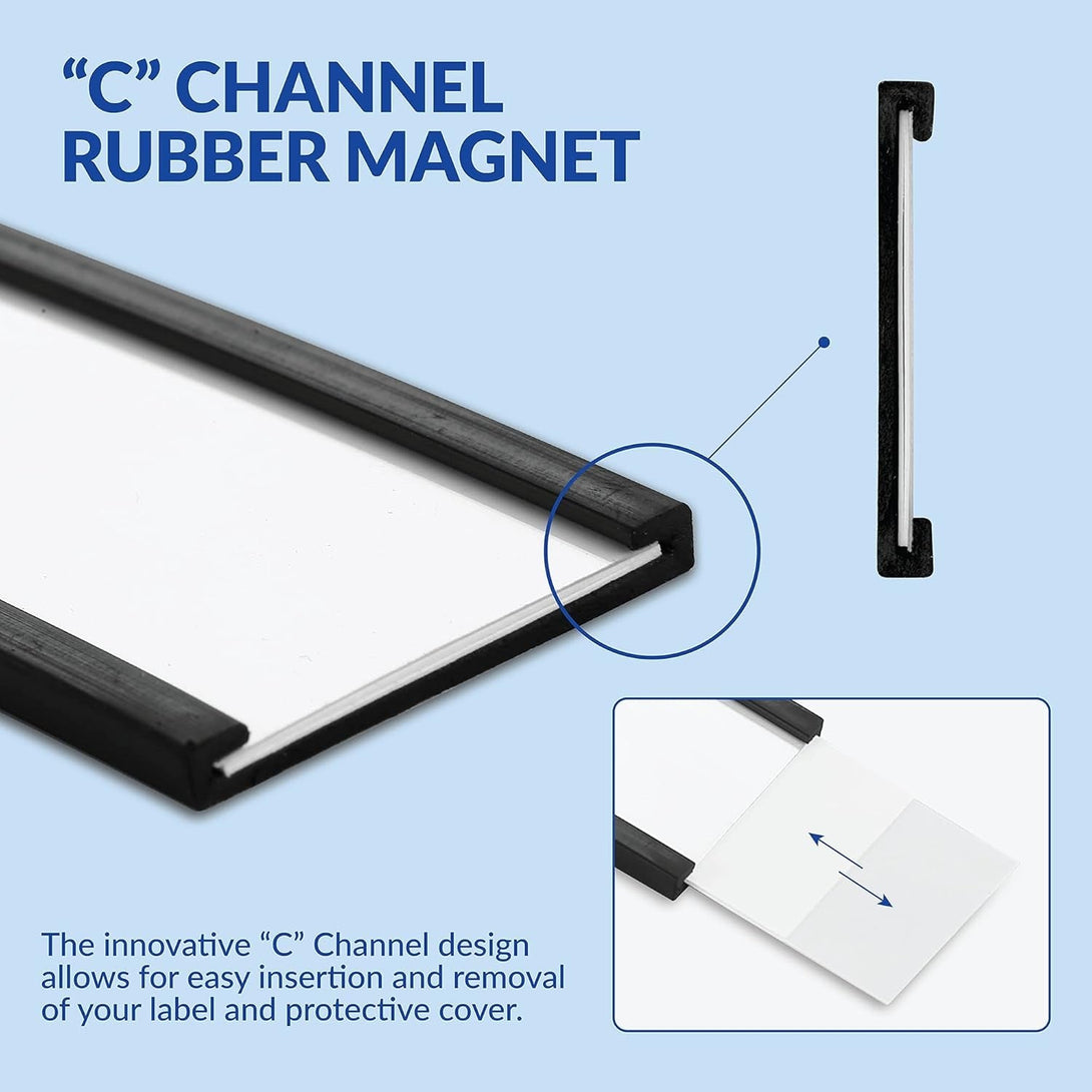 50 Pack "C" Channel Magnetic Label Holders 1X3 with 100 White Card Inserts, 50 Clear Plastic Protectors and Bonus 20 Colorful Cardstock Inserts in Blue, Green, Yellow and Red - Double-Sided Cards