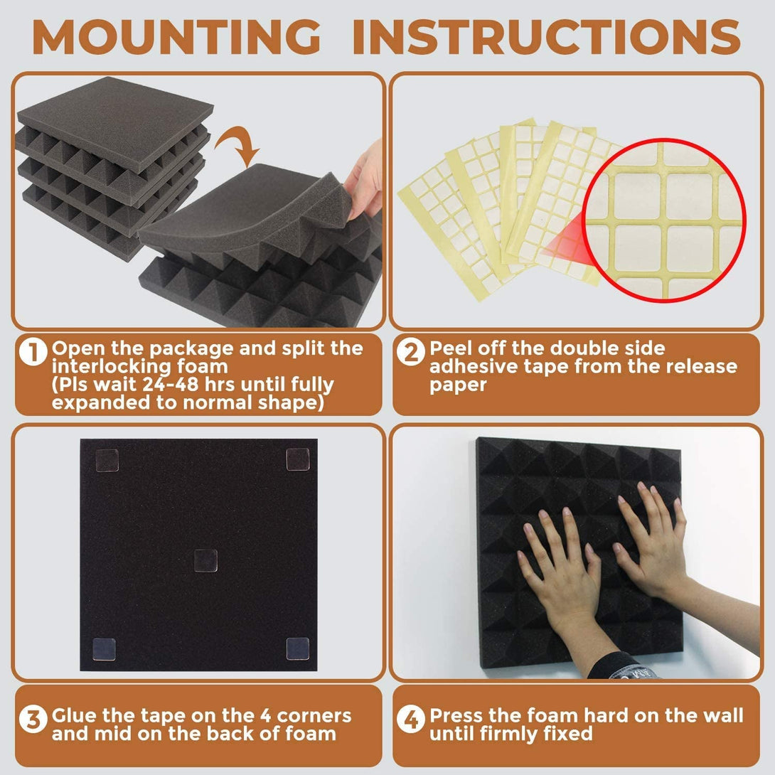 24 Pack-12 X 12 X 2 Inches Pyramid Designed Acoustic Foam Panels, Sound Proof Foam Panels Black, High Density and Fire Resistant Acoustic Panels, Sound Panels, Studio Foam for Wall and Ceiling
