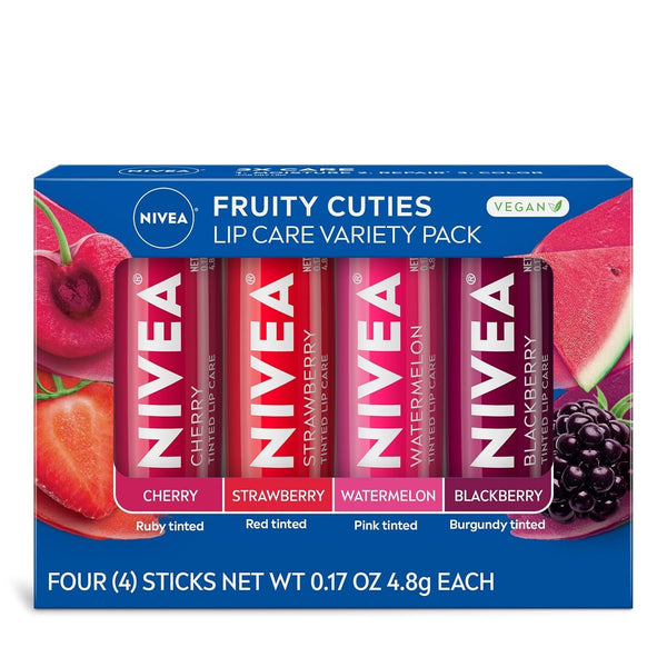 NIVEA Lip Care, Fruity Tinted Lip Balm Variety Pack, Cherry, Strawberry, Blackberry and Watermelon Flavors, 3-In-1 Moisture, Repair and Color, 0.17 Oz Stick, Pack of 4