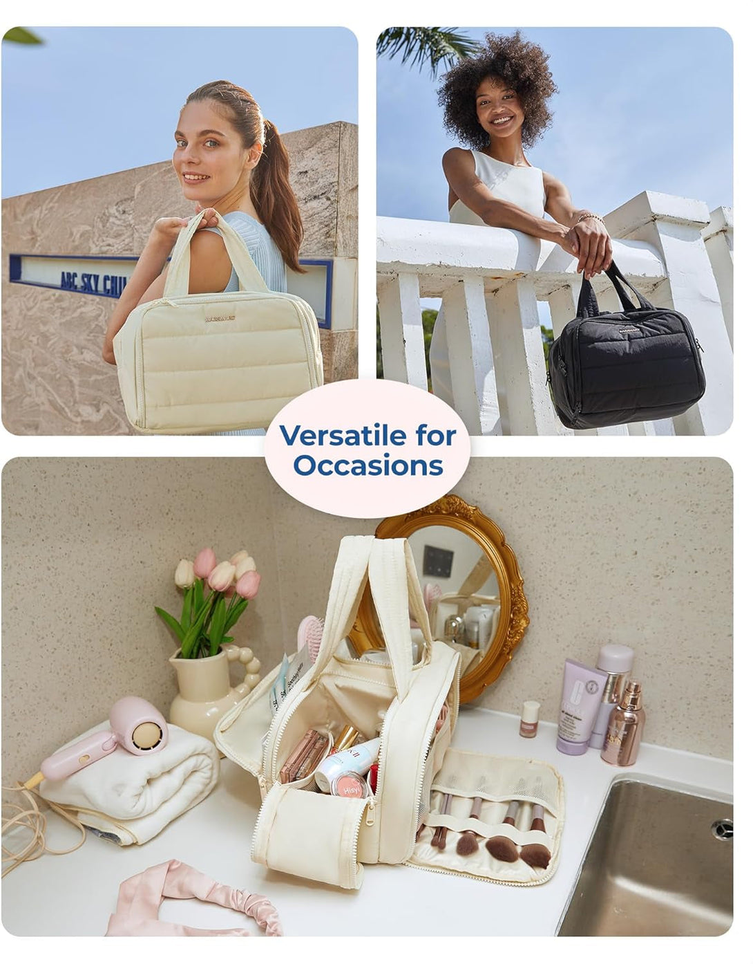 BAGSMART Travel Toiletry Bag, Lightweight Large Wide-Open Travel Bag for Women, Puffy Cosmetic Makeup Bag Organizer with Handle for Accessories,Essentials, Toiletries, Grayish Brown