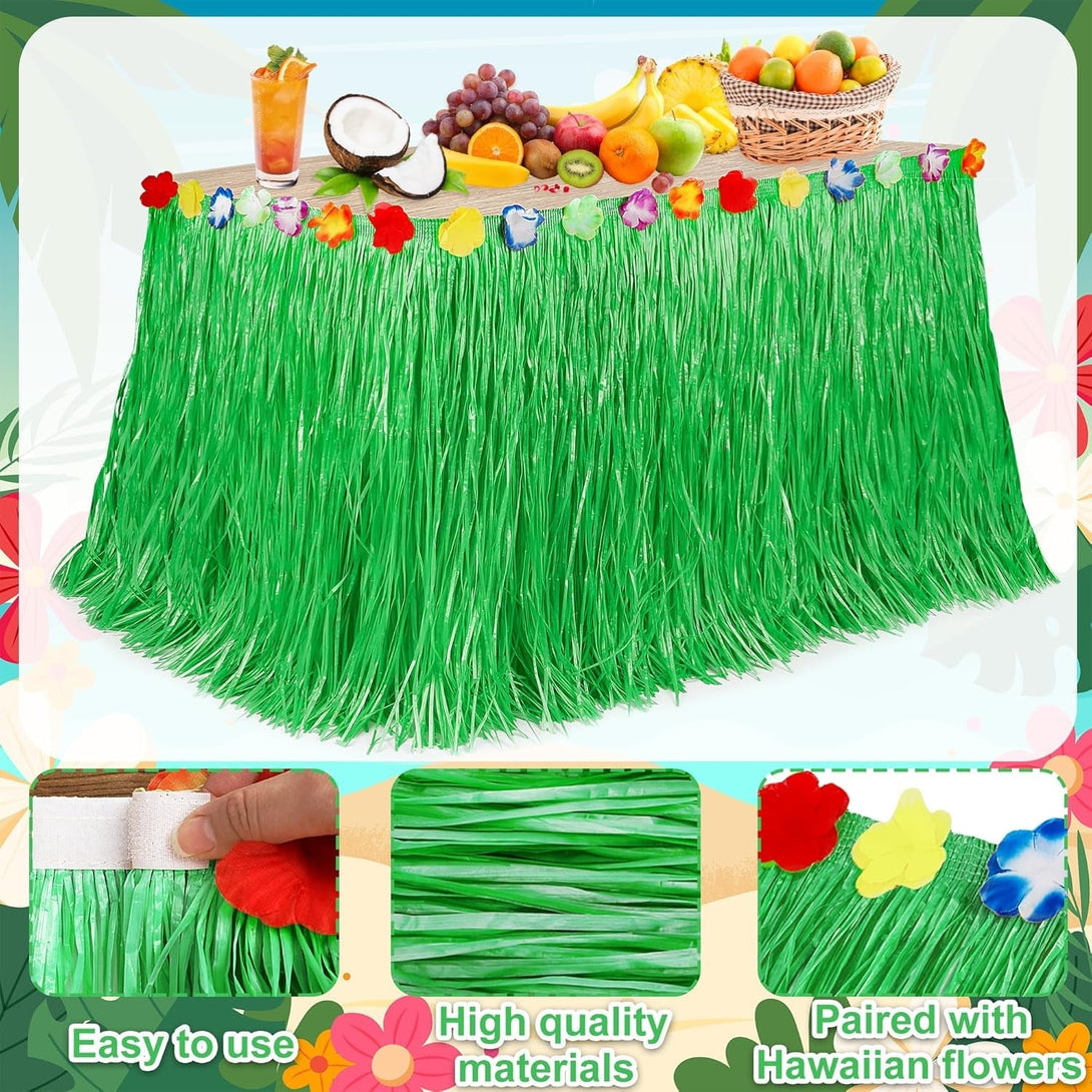 Hawaiian Party Table Skirt Decorations, 2PCS Green Luau Party Table Skirt Decorations, 108 X 29.5" Grass Skirts Luau Party Favors, Luau Table Skirt for Summer Tropical Hula Parties Decor Accessories