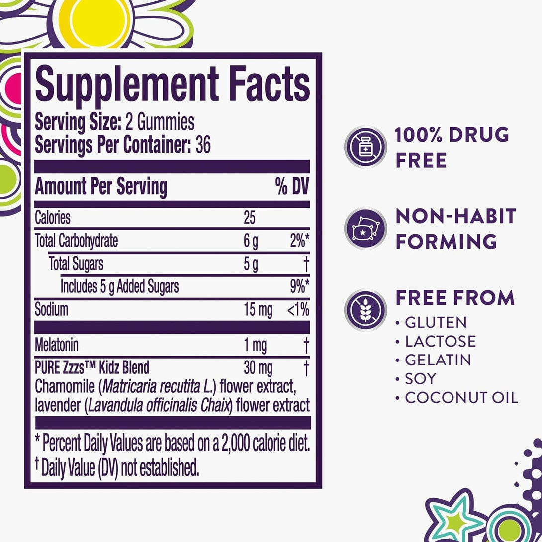 PURE Zzzs Kidz, Kids Melatonin Gummy, Sleep Aid, Low Amount of Melatonin for Kids, with Chamomile and Lavender, Melatonin 1 Mg, Melatonin Gummies Kids, Berry Flavored, 72 Sleep Gummies