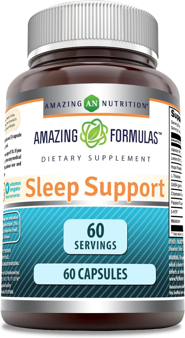 Amazing Formulas Sleep Support | Blend of Melatonin, Valerian Root, Chamomile Extract, GABA, 5-HTP, Theanine & More | 60 Capsules Supplement | Non-Gmo | Gluten-Free | Made in USA