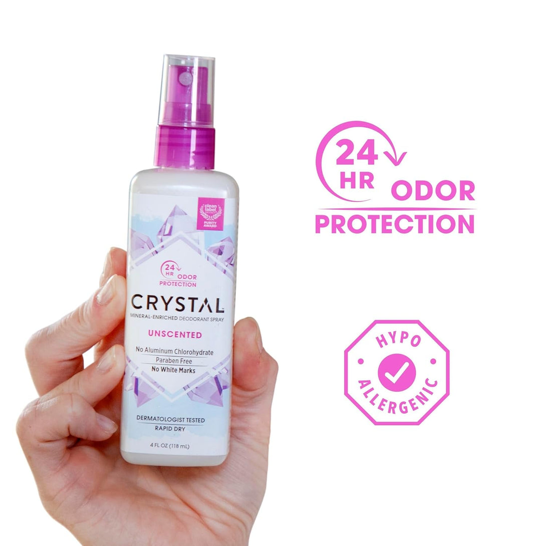 Crystal Essence Mineral Deodorant Spray, Unscented, All over Body Deodorant, 4 Fl Oz