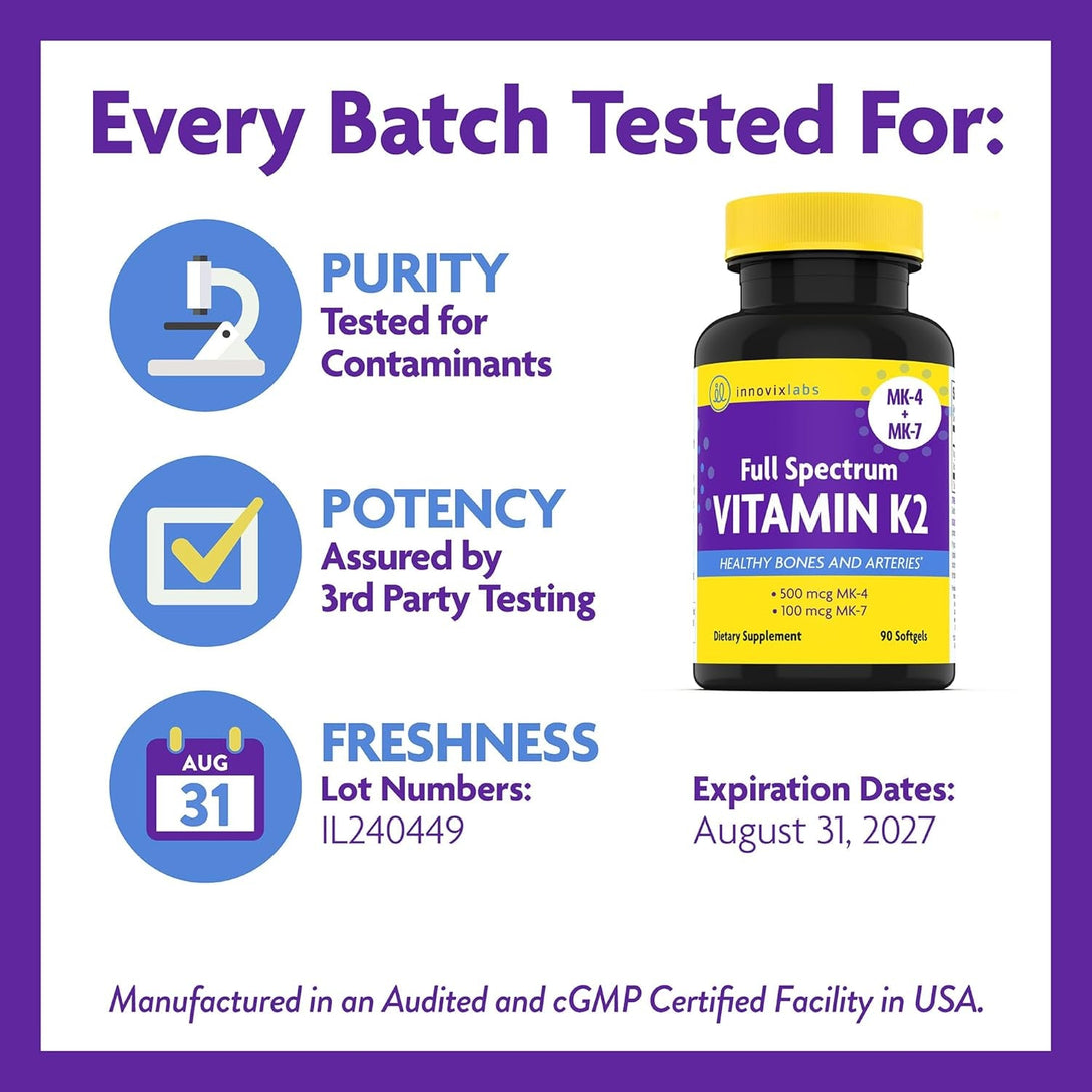 Innovixlabs Full Spectrum Vitamin K2-90 Softgels with 600 Mcg of Trans Form MK7 and MK4 - Supports General Health and Bone Strength - Soy and Gluten Free K2 Vitamin Supplement