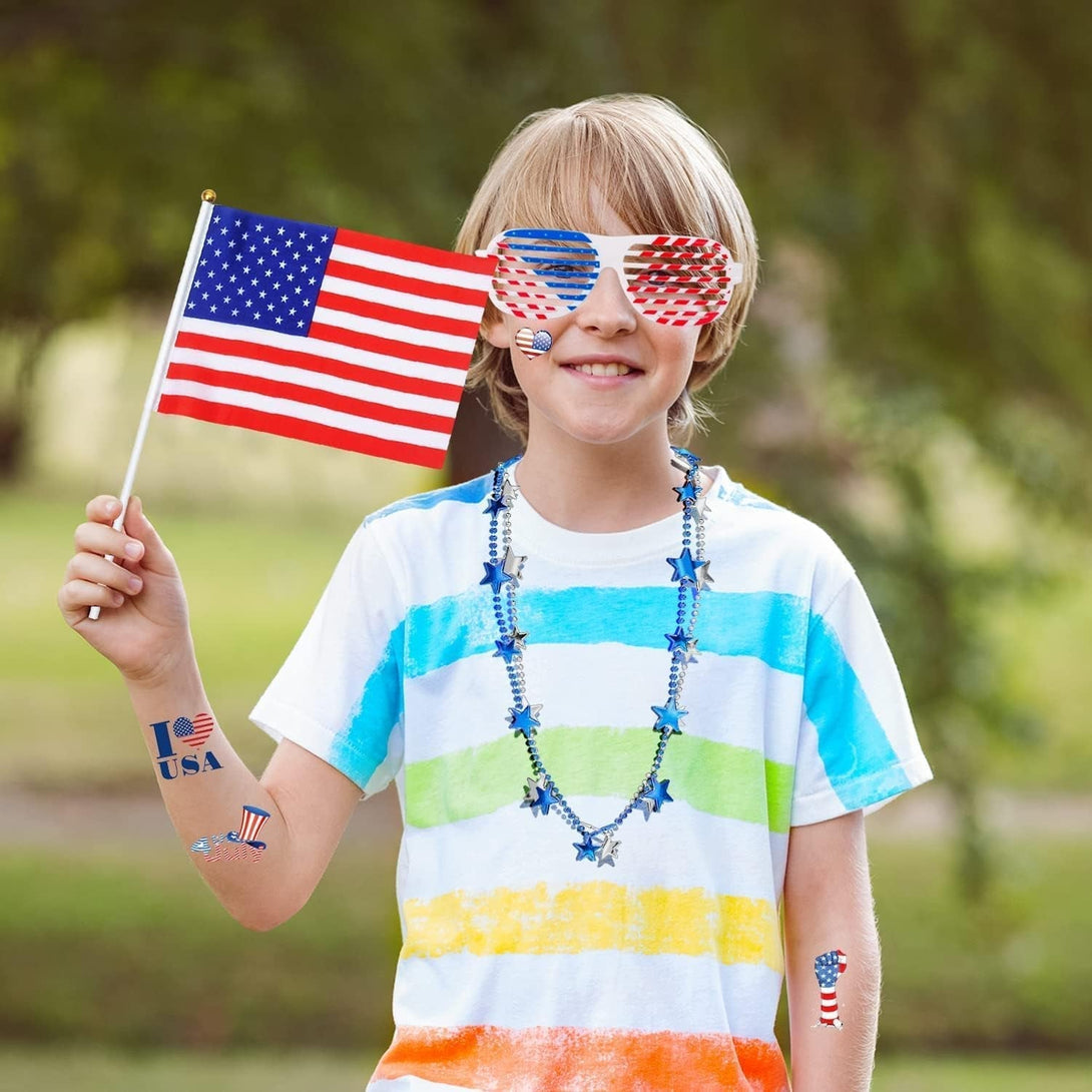 86Pcs 4Th of July Accessories Patriotic Party Favors Shutter Glasses Necklaces Handheld US Flags Blowouts Tattoos Memorial Day Decorations Veterans Party Supplies