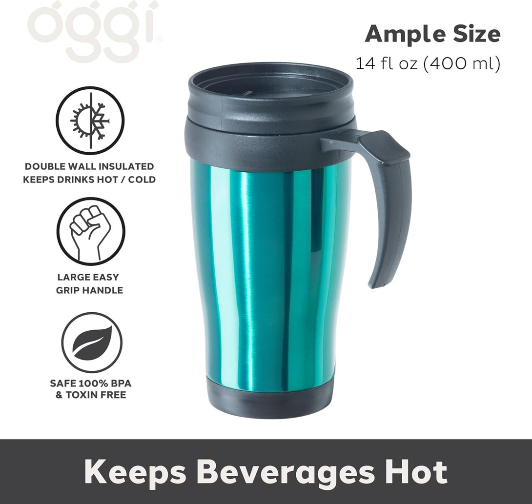 Oggi Commuter Travel Mug 14Oz - Insulated Coffee Mug, Thermal Stainless Steel with Easy Grip Tumbler Handle - Peacock