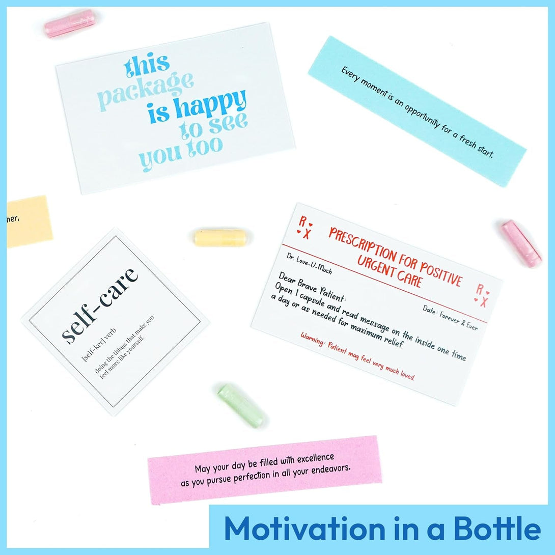 50 Positive Messages in a Bottle - Unique Stress Relief and Wellness Gifts for Men and Women - Desk Accessories for Meditation and Self Care - Xmas Gifts