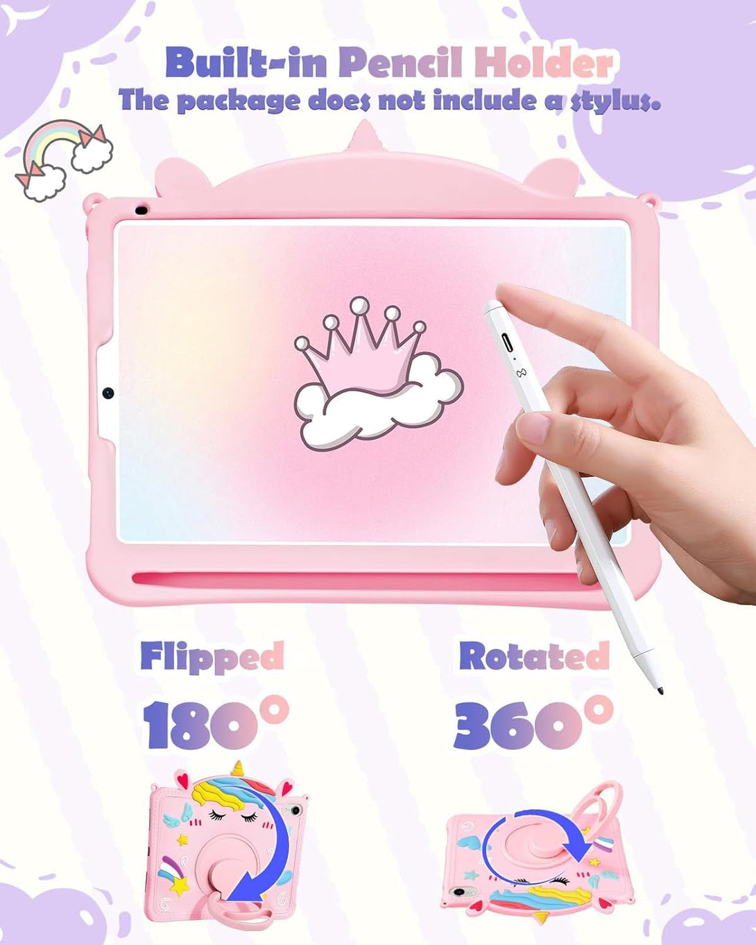 For Ipad Mini A17 Pro/6 Generation Case - 8.3 Inch Mini 7Th/6Th 2021 Gen Case with Pen Holder Cute Cartoon Unicorn Silicone Tablet Cover with Rotating Stand & Strap Girly Teens Girls Funda