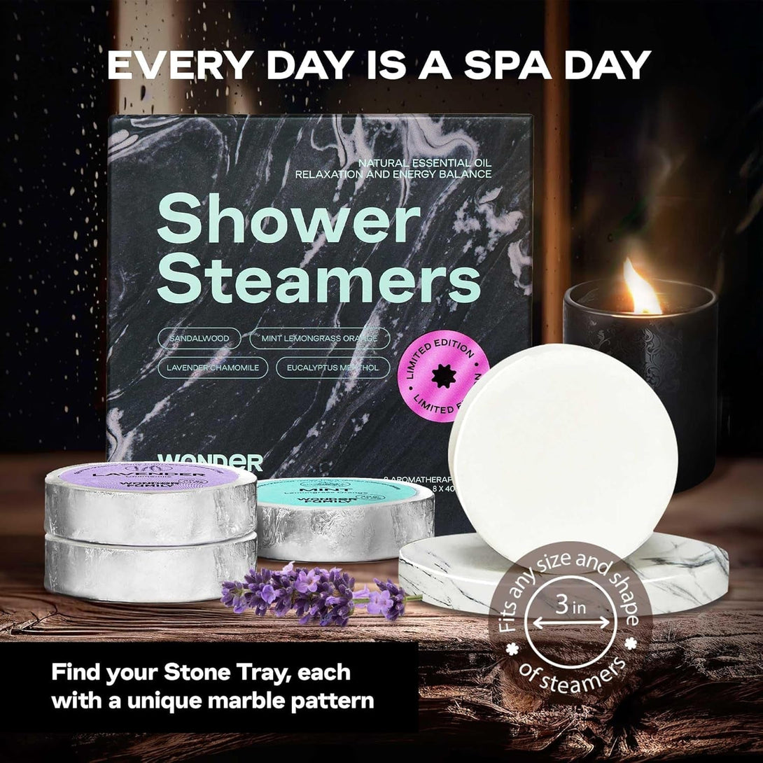 Shower Steamers for Sinus Relief & Self Care - 8 Pack Vapor Shower Tablets - Lavender Sandalwood Mint Eucalyptus Shower Steamers Aromatherapy - SPA Gifts for Women & Men - with Stone Tray