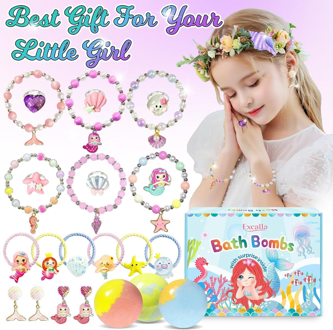 Mermaid Bath Bombs for Kids Girls with Surprise Inside, 20 Pcs Fun Princess Fizzy Bath Bomb with Jewelry Toys, Mothers Day Gifts for Daughter Wife & Kids, Girls Gift Set for Birthday, Christmas