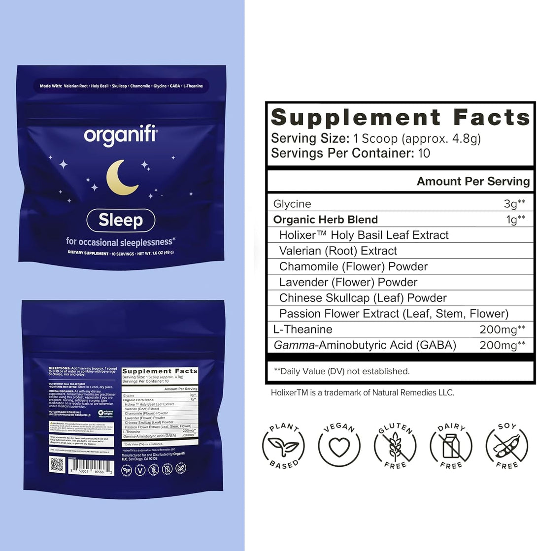 Organifi Sleep - Sleep Support with Valerian Root, Lavender, GABA and L-Theanine - No Melatonin - Calming and Relaxing Nighttime Drink - No Gluten, Dairy or Soy
