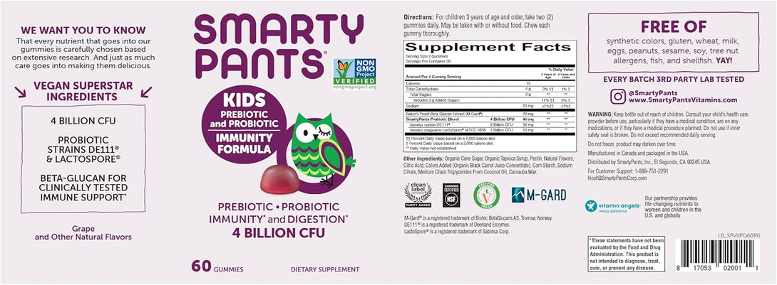 Smartypants Kids Probiotic Immunity Gummies: Prebiotics & Probiotics for Digestive Health and Immune Support Supplement, Gluten Free, Vegan, Grape Flavor, 60 Count (30 Day Supply)