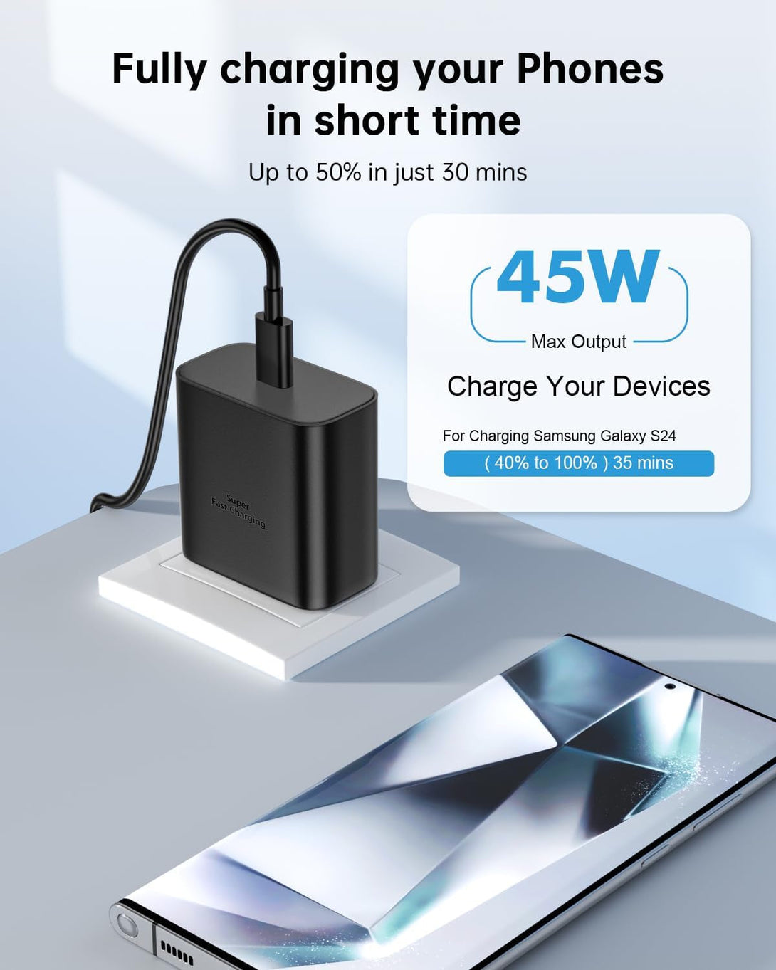 45W Super Fast Charger Type C with 10FT USB C Charger for Sam-Sung Galaxy S25 Ultra/Galaxy S24/S23 Ultra/S24/S24/S23/S22 Note S10/S9/S8, Galaxy Tab S10/S9/S8 Z Fold 5/Z Flip 5