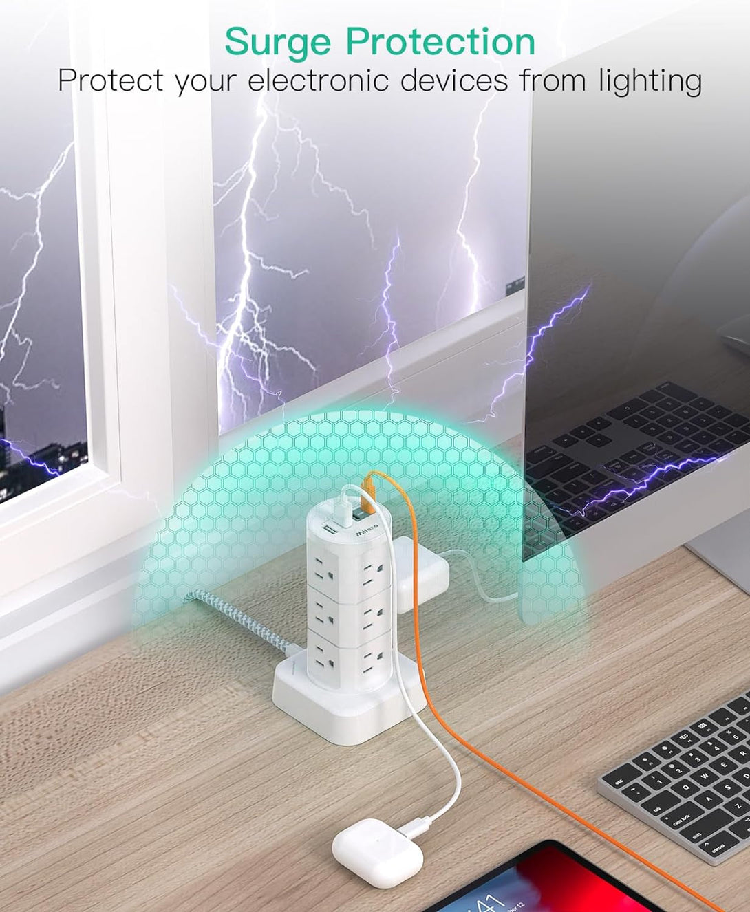 Power Strips with Surge Protection, Flat Plug Power Strip with 12 Outlets 4 USB Ports, Surge Protector Tower 1875W/15A 1080J, 6Ft Extension Cord with Multiple Outlets, Office Supplies, Dorm Essentials