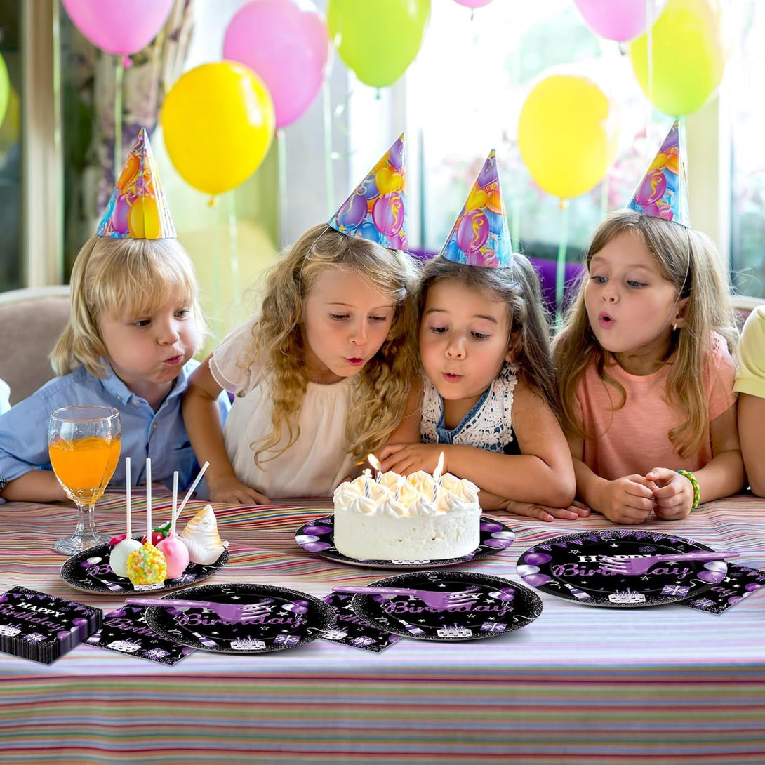 96Pcs Purple & Black Party Supplies - Paper Plates, Napkins, Dinnerware Set for Women, Men, Baby Showers & Birthdays - Serves 24