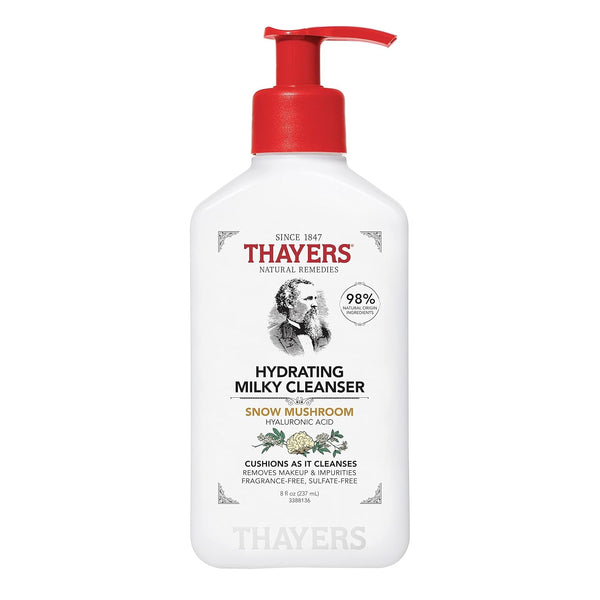 Thayers Milky Face Cleanser with Snow Mushroom, Hyaluronic Acid - Gentle, Hydrating, Dermatologist Recommended for Dry, Sensitive Skin - Paraben Free, 8 Oz