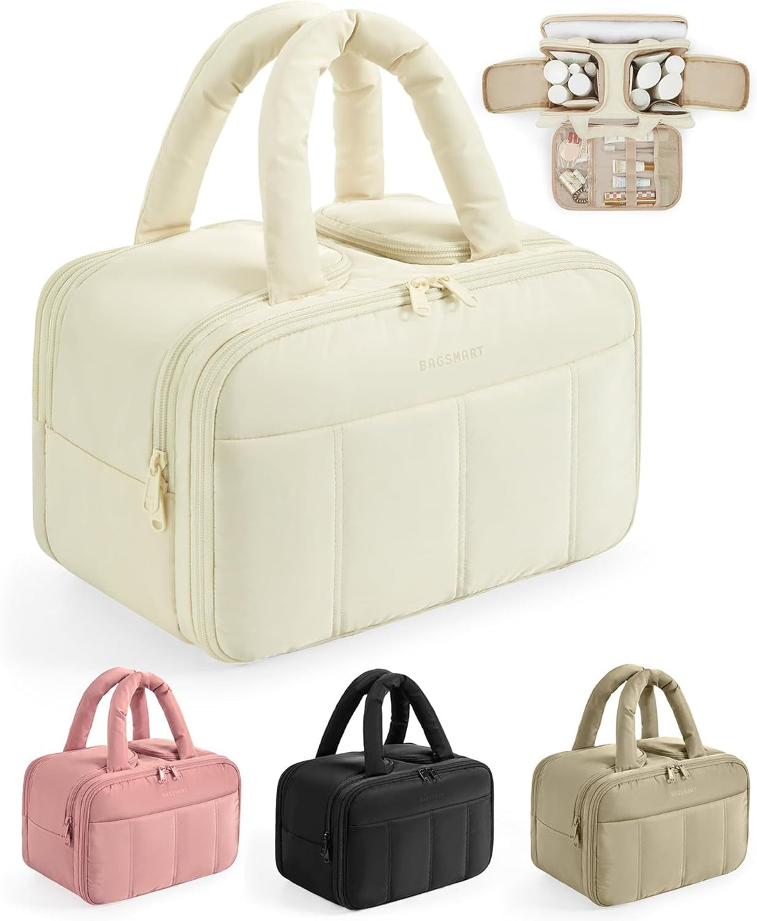 BAGSMART Travel Toiletry Bag, Puffy Large Toiletry Bag for Women, Lightweight Cosmetic Makeup Bag Organizer with Handle for Traveling, Accessories, Essentials, Toiletries （Beige
