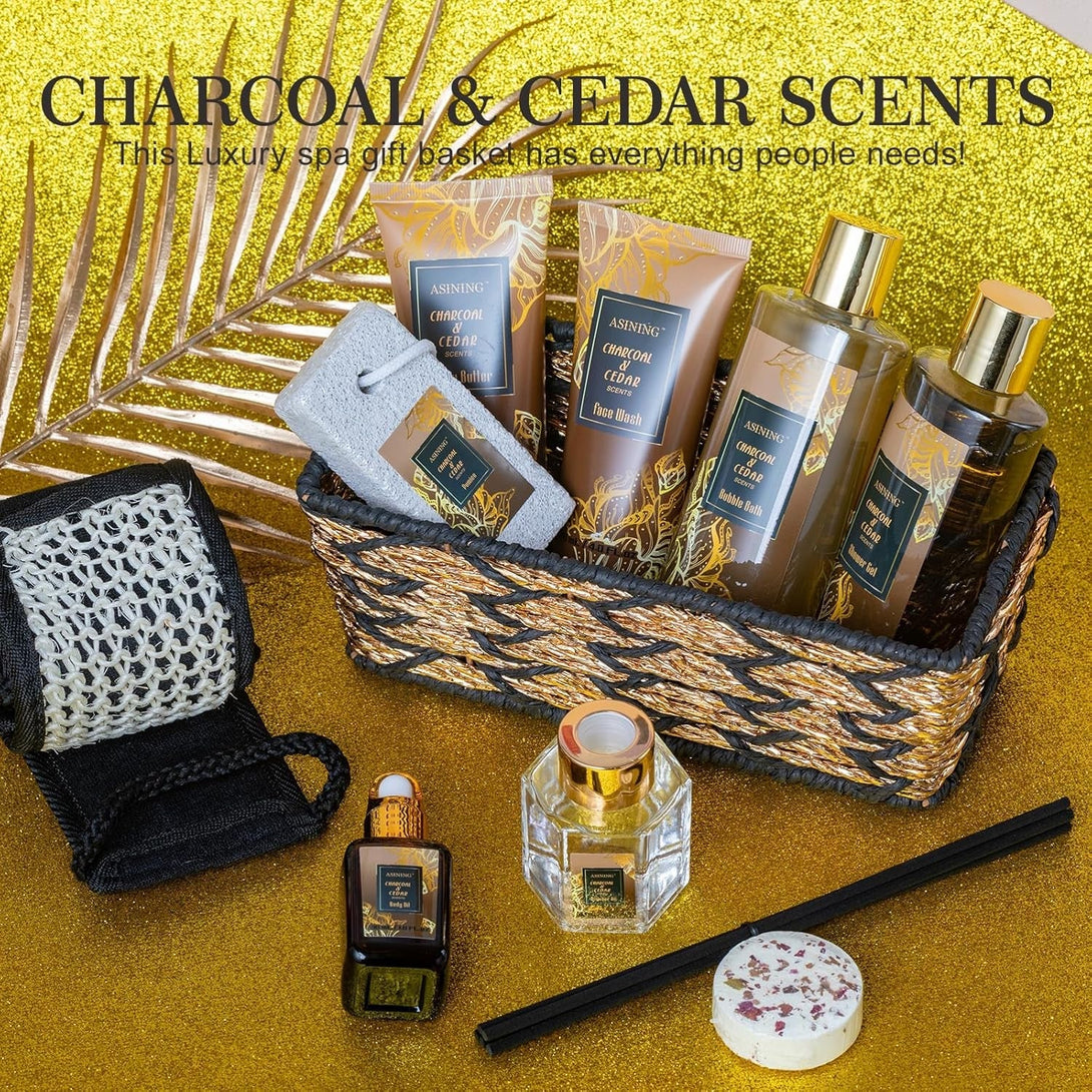 Spa Set for Women & Mens Gift, Relaxing Gifts for Men, Mothers Day Gifts with 14PCS Charcoal & Cedar Scents Spa, Includes Bubble Bath, Shower Gel, Body Butter, Spa Kit for Mans Gift Set