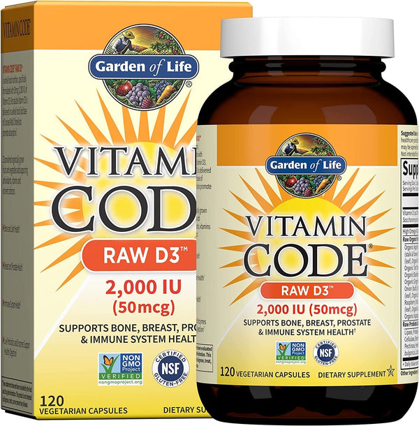 Garden of Life D3 - Vitamin Code Whole Food Raw D3 Vitamin Supplement, 2000 Iu, Dairy and Gluten Free, Vegetarian, 120 Capsules D3 with Organic Green Cracked Wall Chlorella plus Probiotics