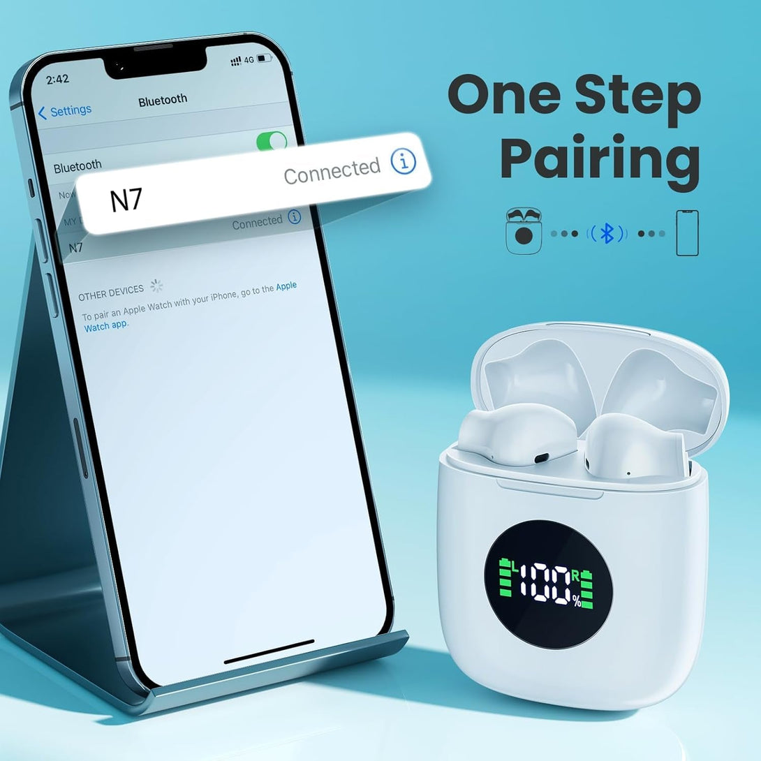 Ear Buds Bluetooth Headphones 50H Playtime Wireless Earbuds with Wireless Charging Case Dual LED Display Bluetooth Earbuds Deep Bass Stereo in Ear Headphones for Smartphone Laptop Sports Workout White