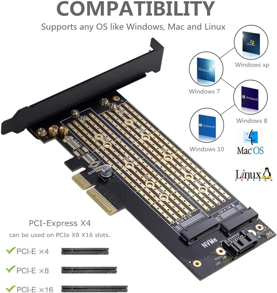 Dual M.2 PCIE Adapter for SATA or PCIE Nvme SSD with Advanced Heat Sink Solution,M.2 SSD NVME (M Key) and SATA (B Key) 22110 2280 2260 2242 2230 to Pci-E X 4 Host Controller Expansion Card
