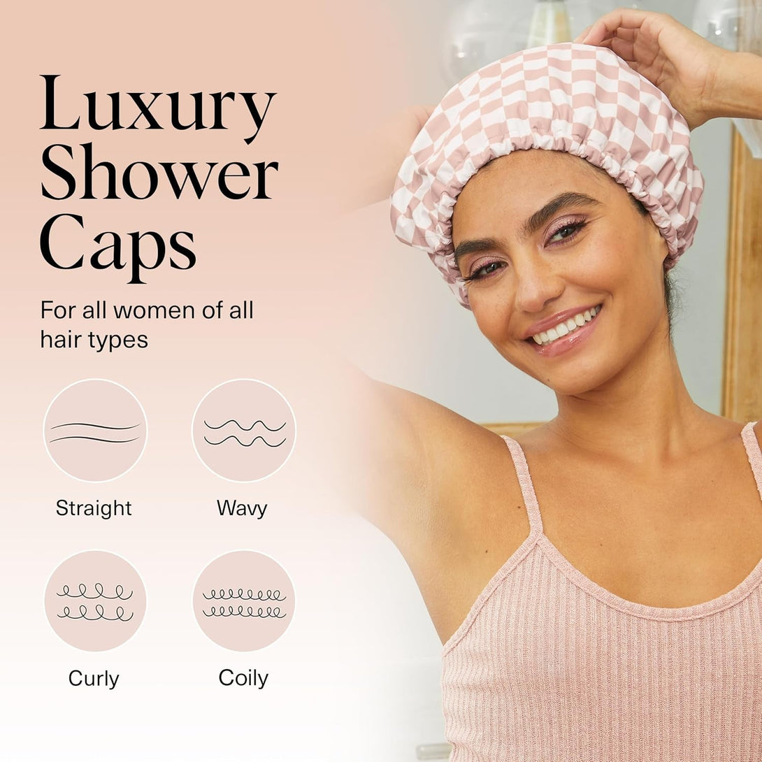Kitsch Luxury Shower Caps for Women Reusable Waterproof - Flexi Satin Lined, Large Shower Cap for Men, Non-Slip, Quick-Dry, Adjustable, Stylish Hair Cap for Long & Short Hair - Terracotta Checker
