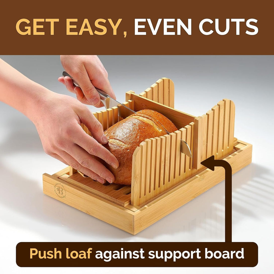 Bambüsi Bread Slicer for Homemade Bread - Bamboo Bread Cutter with Knife, Foldable Slicing Guide, Crumb Tray - Compact Bread Loaf Slicer for Cakes, Bagels, Loaves - Kitchen Gadget & Gifts