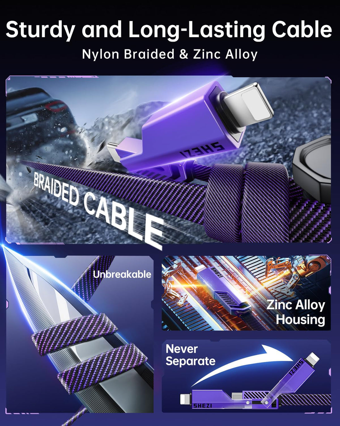 SHEZI 4-In-1 USB C Cable 60W 5FT Lightn-Ing Cable Fast Charging [480Mbps Data Transfer] Flat Nylon Braided Charger Cord Wire Combo with Lightn-Ing/Usb C/USB a Port for Iphone/Ipad and More, Purple