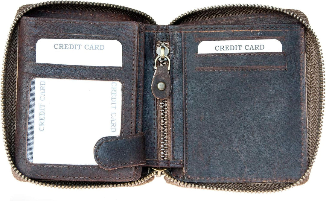 FLW Small Strong Oiled Genuine Leather Wallet with Metal Zipper around without Logos