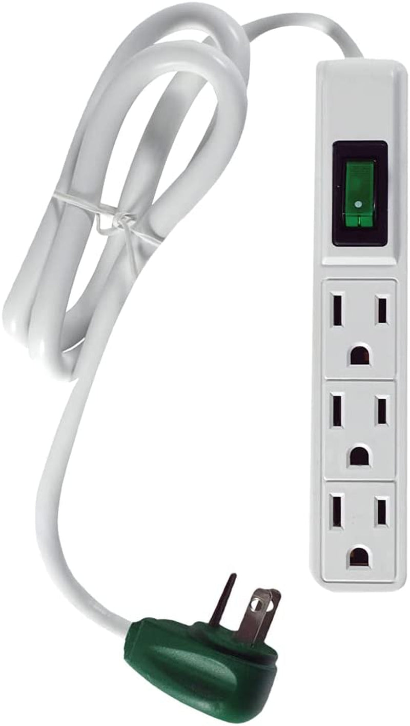 Go Green Power Inc. 2.5Ft 3-Outlet Power Strip - Compact, Durable, Ideal for Travel & Home Use with Right-Angled Plug and Circuit Breaker - GG-13002MS