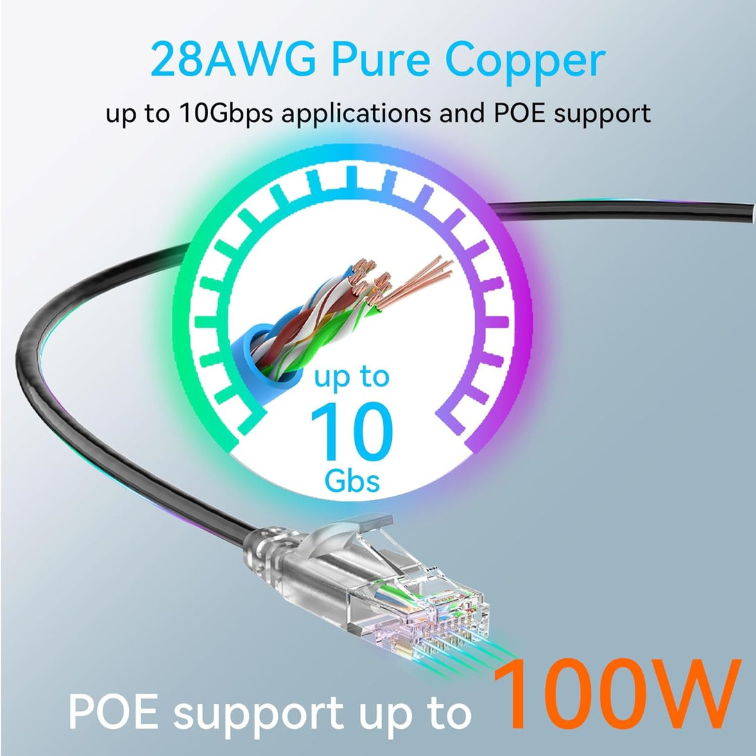 Cat6A Ethernet Cable Slim 150Ft Outdoor&Indoor, 28AWG Pure Copper Cat6 Internet Cable for Waterproof & Direct Burial, Flexible Cat6 Ethernet Cable 10G 550MHZ, Cat 6 Network Cable for Indoor Black