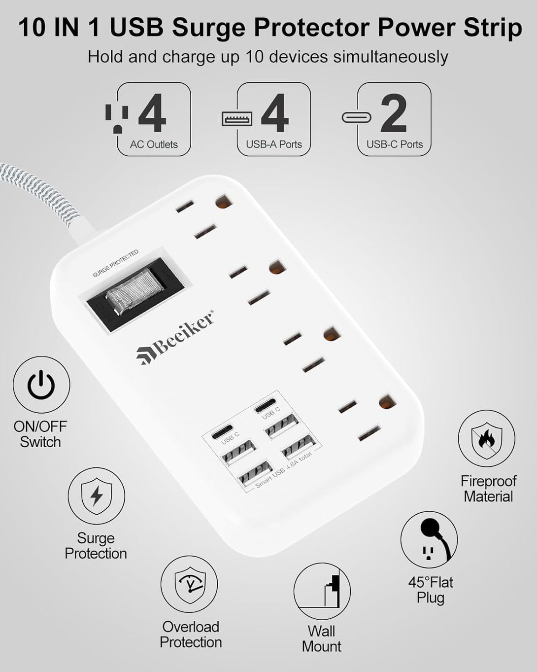 6 USB(2 USB C) Surge Protector Power Strip- 5Ft Travel Power Strip with 4.8A USB Charging Station and 4 Extendable Outlet, 13A Flat Plug Braided Extension Cord with Wall Mount for Travel Office Dorm