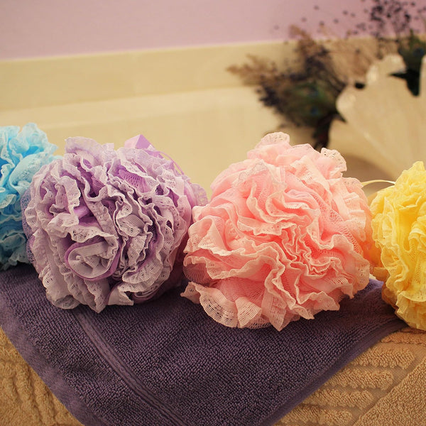 Loofah-Bath-Sponge Lace-Mesh-Set // 2-Scrubs-in-1 by Shower Bouquet/Large Full 60g Pouf (4 Pack Spa Colors) Body Luffa Loofa Loufa Puff -