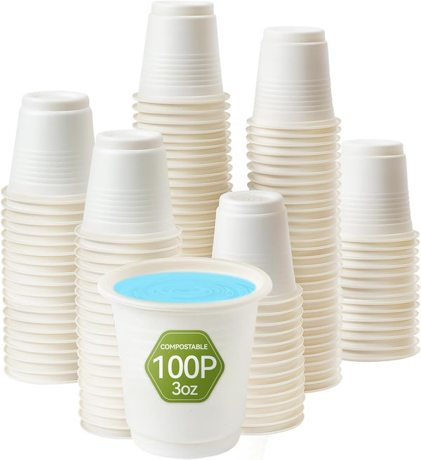 100Pcs 3 OZ Bathroom Disposable Cups - 100% Compostable, Biodegradable, Eco-Friendly for Mouthwash, Rinsing, Shot, Party Tasting, Drinking and Events