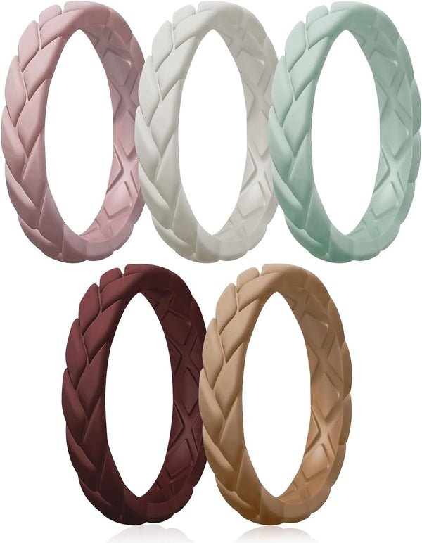 Egnaro Silicone Wedding Rings for Her, Women'S Rubber Bridal Sets Thin Bands, Stackable Leaves Braided Design with Breathable Grooves Workout Accessories