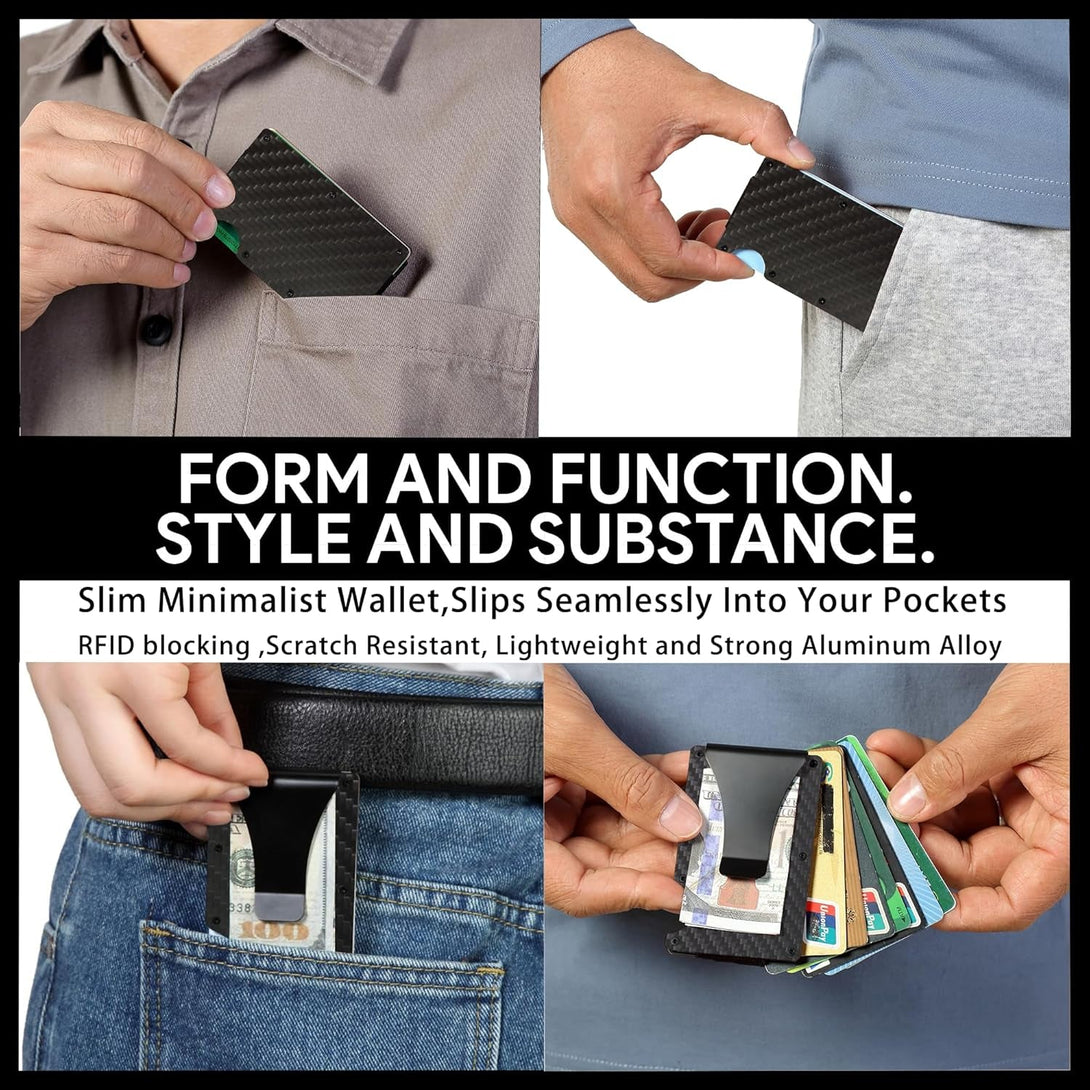 Carbon Fiber Minimalist Wallet for Men Credit Card Holder Money Clip & Cash Strap Slim RFID Mens Wallets