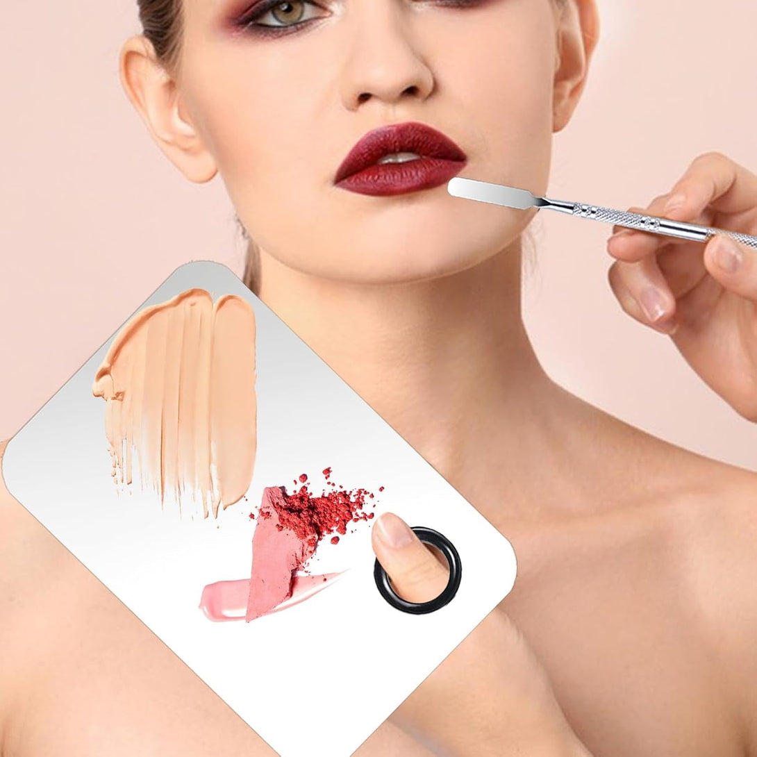 2 Set Makeup Mixing Palette,Stainless Steel Makeup Palette with Spatula Professional Make up Artist Must Haves Make up Palette,Suitable for Mixing Foundation Make up Eye Shadow and Nail(Silvery）