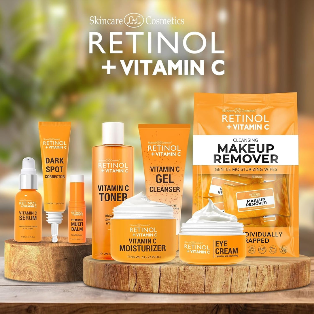 Retinol + Vitamin C Individually Wrapped Makeup Remover Wipes, Travel Essentials for Travel & on the Go, Women Facial Cleansing Towelettes, Removes Makeup Mascara & Sunscreen - 30 Single Face Wipes