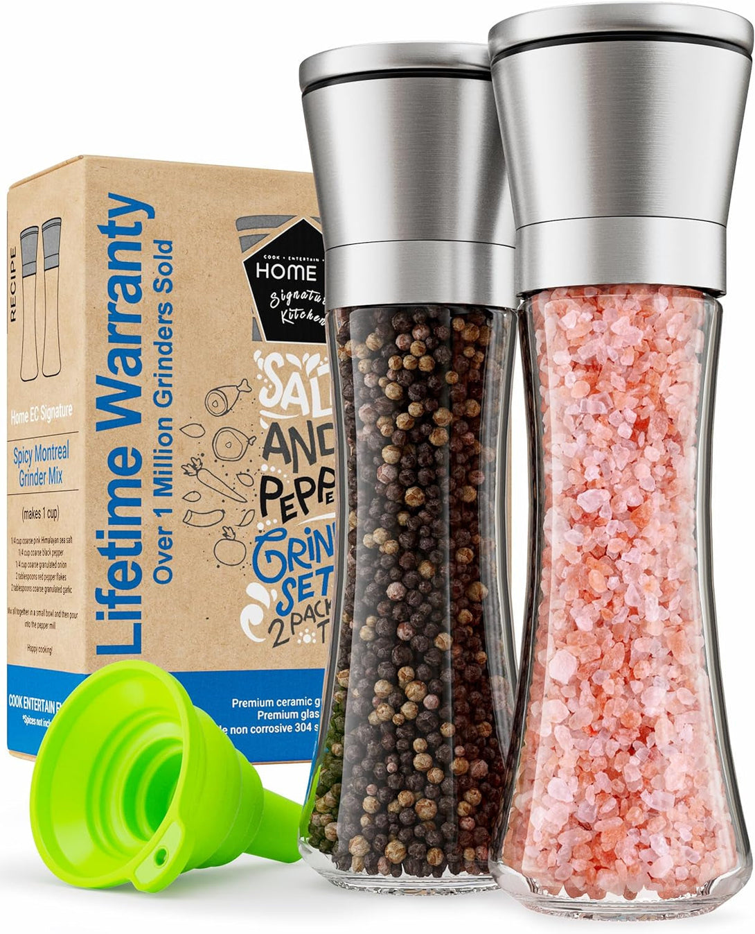 Home EC Premium Stainless Steel Sea Salt and Pepper Grinder Set of 2 - Adjustable Ceramic - Tall Glass Salt and Pepper Shakers - Kitchen Spice Mill W/Funnel & Ebook